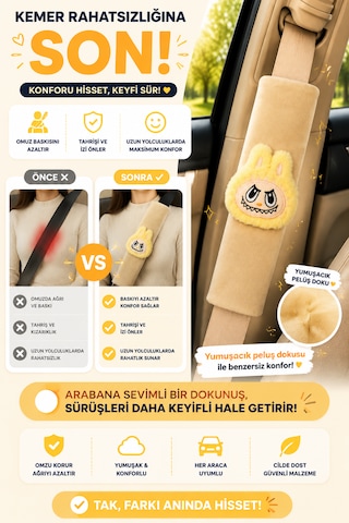 Bunny Sarı Emniyet Kemeri Aksesuarı - Emniyet Kemeri Kılıfı - Araç Emniyet Kemeri Omuz Koruyucu 1 Adet