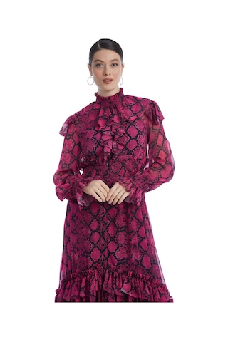 Serpil Exclusive Yılan Derisi Desenli Kadın Elbise - Fırfırlı Yaka - Modern Ve Şık Tasarım - Günlük Ve Özel Gün İçin Elbise Fuşya