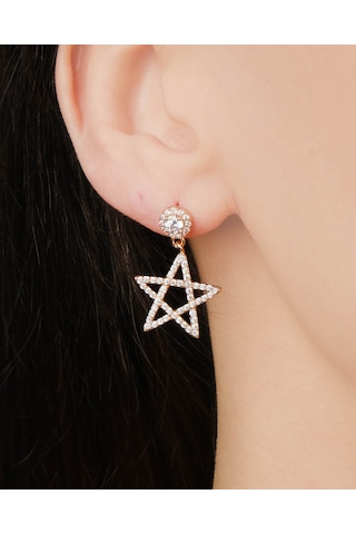 Lekka Design Kadın Kararmaz Çelik Lüks Takı Zirkon Taşlı Sallanan Yıldız Küpe Altın