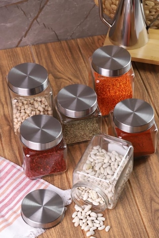 Metal Kapaklı 6'lı Borosilikat Cam Kavanoz Baharatlık 820 ML + 570 ML