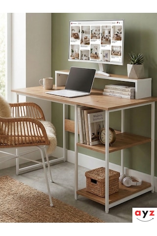 Ayz Vienna 2 Raflı Metal Ayak Çalışma Masası Laptop Masası Bilgisayar Masası 60x120cm Beyaz-çam Beyaz - Atlantik Çam