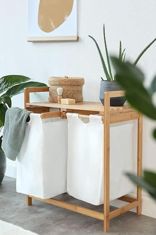 Digithome Bambu 2 Bölmeli Kirli Sepetli Çamaşır Sepeti Raflı Banyo Düzenleyici Db-0007 Ahşap
