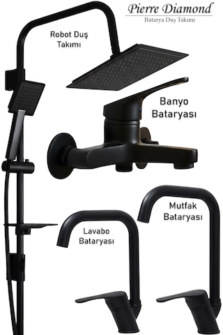 66231 Lavabo Banyo Mutfak Bataryası Ve Robot Duş Takımı Köşe Borulu Siyah Krom Beyaz Siyah