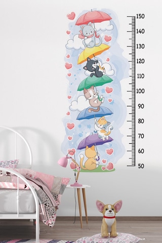 Sevimli Kedilerle Süslü Boy Cetveli Sticker, Çocuk Bebek Odası Boy Ölçer Sticker Dijital Baskı