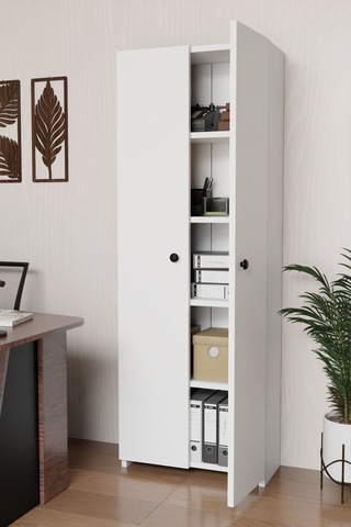 Alpaevmobilya Ahşap 2 Kapaklı 150 Cm 5 Raflı Çok Amaçlı Ofis Evrak Dosya Dolabı Ve Erzak Düzenleyici Beyaz