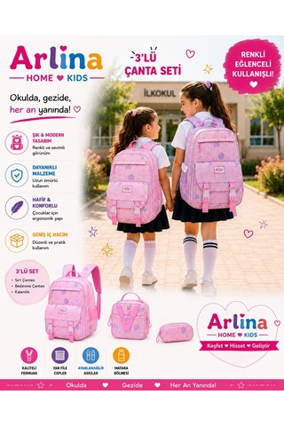 Kore Model 3 Lü Set Su Geçirmez Kız Çocuk Çantası Pembe Çanta-beslenme-kalemlik Seti