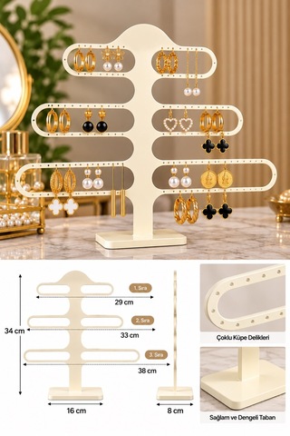Krem Metal Küpe Standı 3 Sıralı Delikli Takı Organizeri Dekoratif Küpe Sergileme Standı