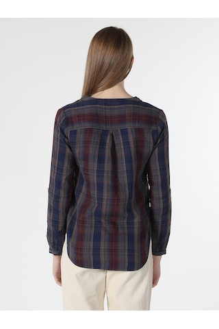 Colins Regular Fit V Yaka Kareli Lacivert Kadın Uzun Kol Gömlek Cl1061052 Lacivert