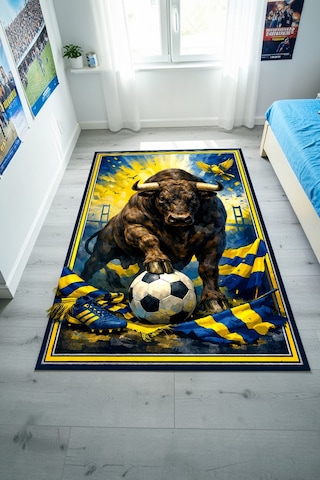 Taraftar Halısı Futbol Topu Desenli Antialerjik Kaymaz Taban Çocuk & Genç Odası Kilim Lacivert-sarı Lacivert-sarı