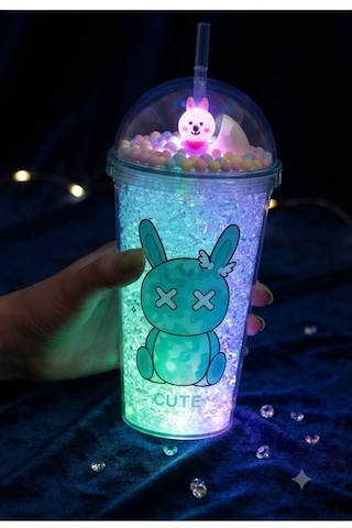 Led Işıklı Pipetli Kawaii Chibi Sevimli Tavşan Figürlü Çift Katlı İçecek Bardağı Suluk 450 Ml Yeşil