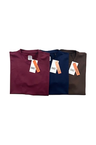 Bigmost Erkek 3'lü Set Premium Modal Kumaş Regular Fit Basic Tişört Bordo - Lacivert - Kahve