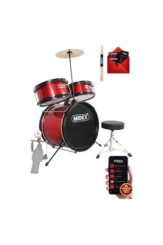 Midex Cd 300 X-Rd Akustik Çocuk Baterisi Davulu Seti & 5 -14 Yaş İçin Full Set Kırmızı