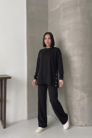 Soft&basic Rahat Kesim Uzun Kollu Yanları Çıt Kapamalı Premium Yumuşak Kumaş Eşofman Takımı Siyah