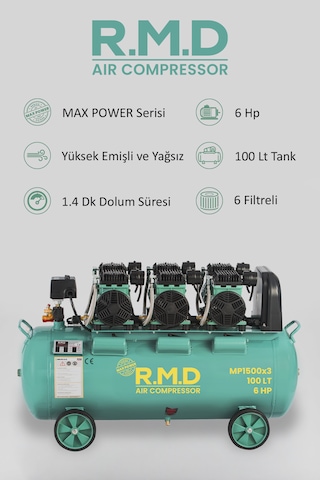 R.m.d Kompresör 100 Lt Yüksek Emişli Yağsız Teknoloji Hava Kompresörü Imp1500x3ı