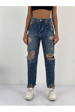 Miss Poem Kadın Taş Detaylı Lacivert Denim Kot Pantolon Lacivert