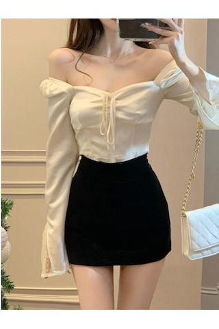 2023 Bahar Uzun Kollu Elbise Zarif Saten Bluz Kadın Ince Kare Boyun Y2k Giyim Kore Moda Rahat Gömlek Ofis Kadın Üstleri Bej