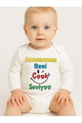 Zekids Bebek Anneannem Beni Çok Seviyor Yazılı Pamuklu Uzun Kol Çıtçıtlı Body-16096 Ekru