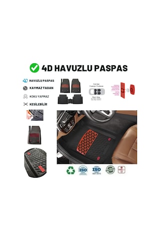 Toyota Avensis Sedan 2017 Uyumlu 4 Cm Derin Havuzlu 5 Parça Set 3d Paspas Takımı Siyah - Kırmızı