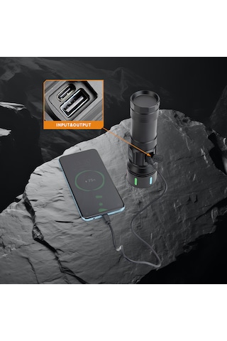 Şarjlı Kamp Feneri / Dijital Ekranlı Güç Göstergeli - 9 Mod Powerbank Özellikli, Şarj Kablolu, Taşıma Çantalı Tripod Takılabilir Gri
