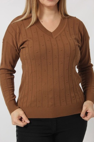 Y6328 Fındık Örgü Detaylı Triko Kazak Kahverengi