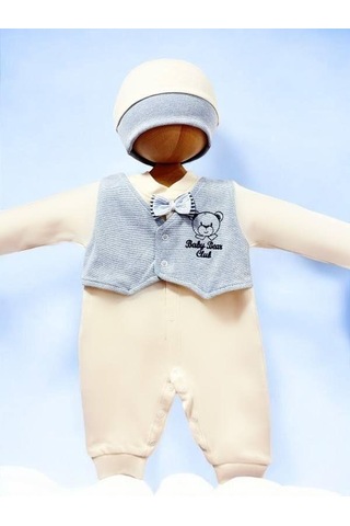 Erkek Bebek Ayıcıklı Papyon Detaylı Tulum-15299 Bej