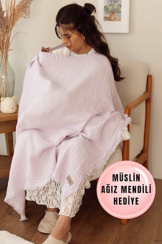 Zeypba 4 Katlı Müslin Emzirme Örtüsü & Müslin Puset Örtüsü Müslin Örtü Püsküllü Lila