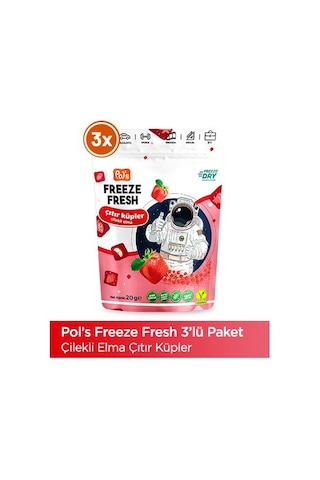 Pol S Freeze Fresh Çıtır Küp Çilekli Elma 20 G X 3 Adet Freeze Dry Dondurularak Kurutulmuş Meyve 20 G