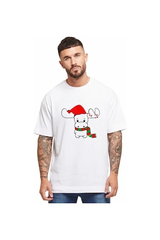 Veraura Lifestyle Yılbaşı Noel Ren Geyiği Baskılı Kısa Kollu Oversize Bisiklet Yaka T-shirt - Beyaz