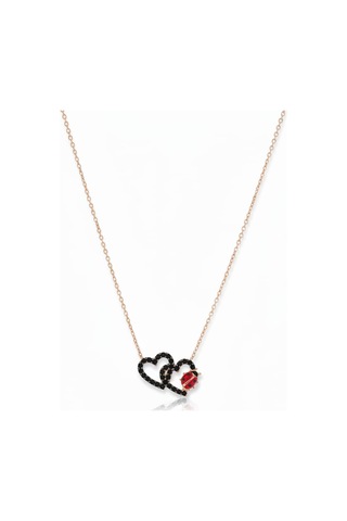 925 Ayar Papatya Silver Siyah Taşlı Çift Kalp Uğur Böceği Kolye.rose.gold.rodaj Gümüş