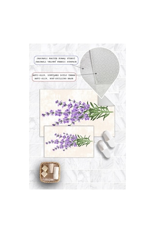 Lavanta Desenli 2'li Banyo Paspas Seti, Kaymaz Tabanlı Banyo Halısı 60x100 50x60cm Mor