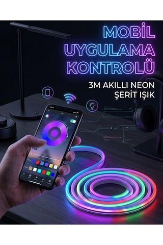 Muratech 3 Metre Rgb Neon Led Şerit Işık Su Geçirmez Kumandalı Ve Uygulama Kontrollü Dekoratif Aydın Renk