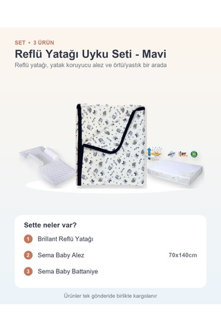 Reflü Yatağı Uyku Seti 3 Parça: Brillant Reflü Yatağı + Sema Baby Alez + Sema Baby Battaniye - Mavi