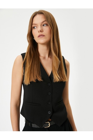 Koton Blazer Yelek V Yaka Düğmeli Fleto Cepli Siyah 4sak30042ek Siyah