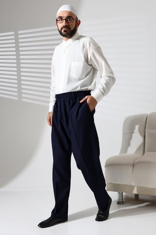 Erkek Beli Lastikli Cepli Hac Ve Umre Kışlık Yün Efektli Şalvar Pantolon - Lacivert İsr Lacivert