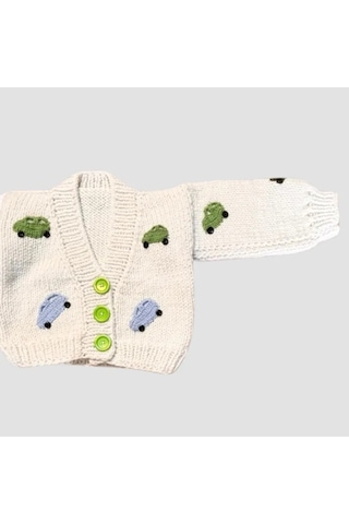 Uretti - Gülnur 2184 - 0374 El Örgüsü Araba Motifli Erkek Çocuk Hırka 3 Yaş - Beyaz Beyaz
