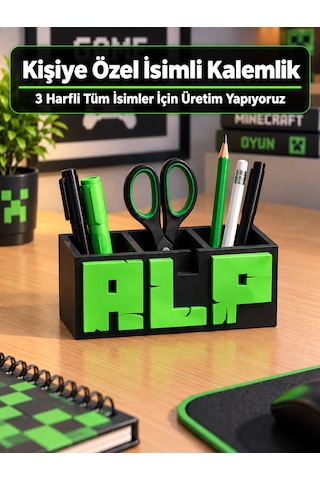 Miinecraft Temalı İsimli Kalemlik Kişiye Özel İsme Özel Üretim, Çok Gözlü Kalemlik 3 Harfli İsim Tasarımı