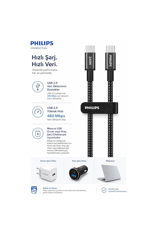Philips DLC7060C/00 USB-C to USB-C Şarj ve Veri Kablosu 2 m, 240W PD 3.1, 5A, Örgülü, USB 2.0