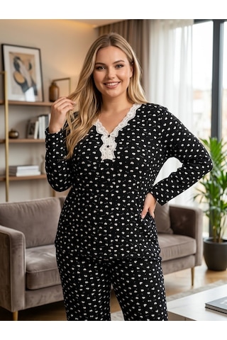 Kadın Büyük Beden Uzun Kollu Desenli Dantel Detaylı Kaşkorse Kumaş Pijama Takımı Siyah Beyaz