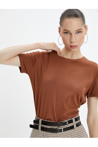Koton Basic Tişört Kısa Kollu Bisiklet Yaka Pamuklu Kahverengi 4wal10574ık Kahve