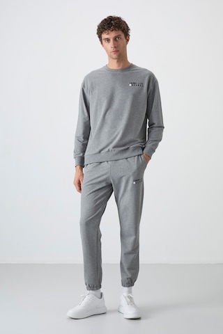 Tommy Life Gri Melanj Casual O Yaka Lastik Paça Pamuklu Erkek Oversize Eşofman Takımı - 85120 GRİ MELANJ
