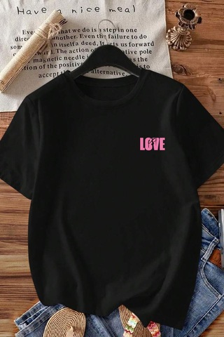 Spoyi Aşk Zarları Tasarımlı %100 Pamuk Yarım Oversize Siyah T-shirt
