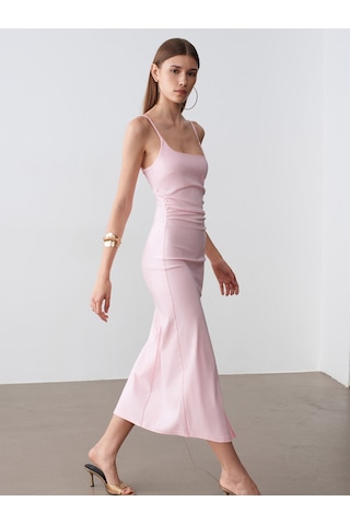 Dilvin 91712 Kare Yaka Büzgülü Midi Elbise-toz Pembe