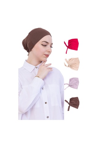 Kadın Tesettür Bone Bağcıklı Dikişsiz Penye 4 Parça Set Bordo, Kahverengi, Koyu Vizon, Açık Vizon