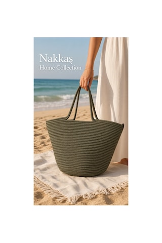 Nakkaş Home Collection Jüt Çanta Kadın Hasır Çanta, Plaj Çantası, Omuz Ve Günlük Kullanım Çantası-haki-45x30 Cm Haki Yeşil