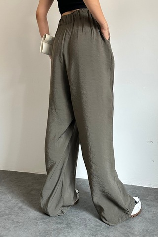 Feela Moda 2009 Beli Lastikli Paraşüt Kumaş Yüksek Bel Palazzo Kadın Pantolon Haki