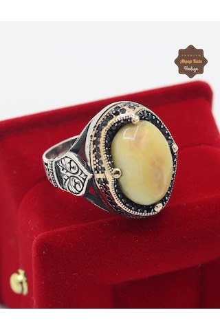 Mikro Zirkon Tac Motifli Damla Kehribar Taşlı Erkek Gümüş Yüzük 201025432
