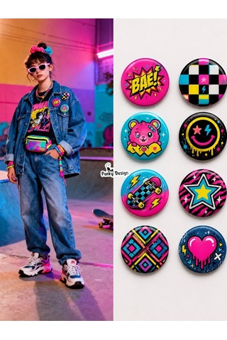 8 Li Set-11 Neon Pop Art Rozet Seti Renkli Skate Kawaii Y2k Desenli Broş Pin Çok Renkli