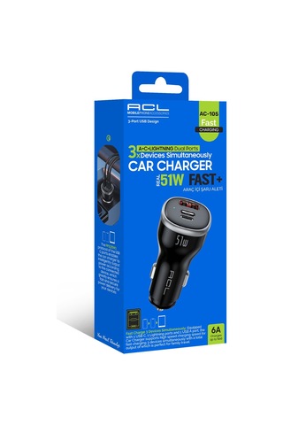 Ac-105 51w Süper Hızlı Araç Şarj Cihazı Dahili Lightning Kablolu + Pd 30w Usb-c Ve Qc 18w Usb-a