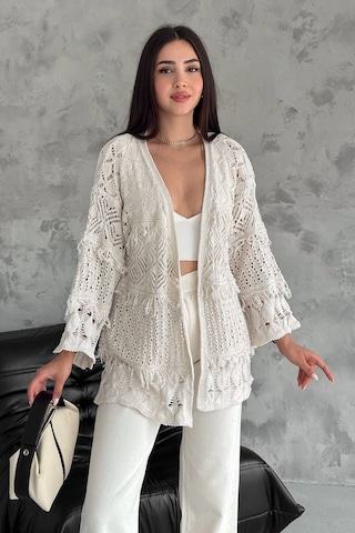 Noa & Noa Kadın Desenli Açık Örgü Hırka Romantik & Modern Stil Ekru