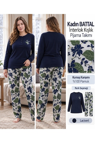 Angelina Kadın Battal Düğmeli Yaka %100 Pamuk İnterlok Kışlık Pijama Takımı 10012 - 1 Adet Lacivert